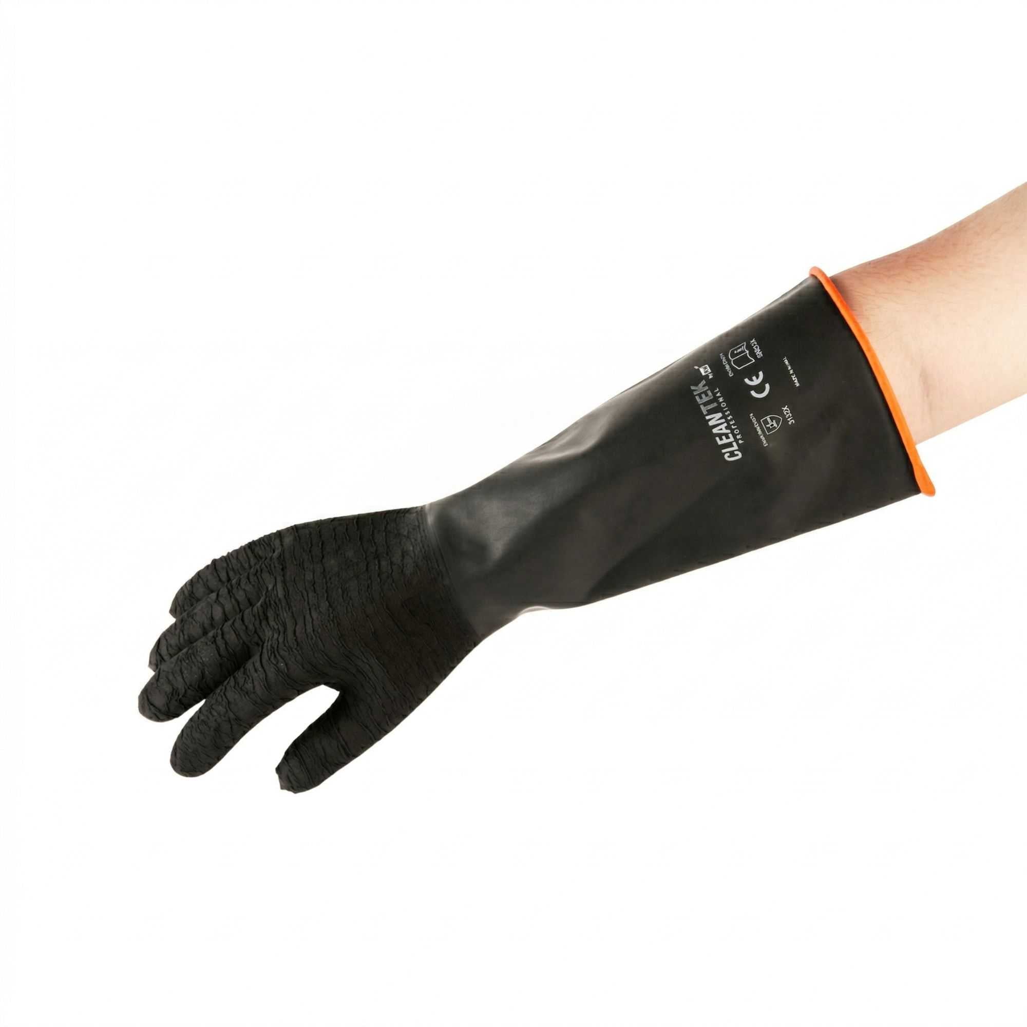 Clean Tek Professional 35 mil Black Latex Chemical-Resistant Gloves - Non-Slip, Unlined, Heavy Duty - 17 3/4" - Pair - 10 count box