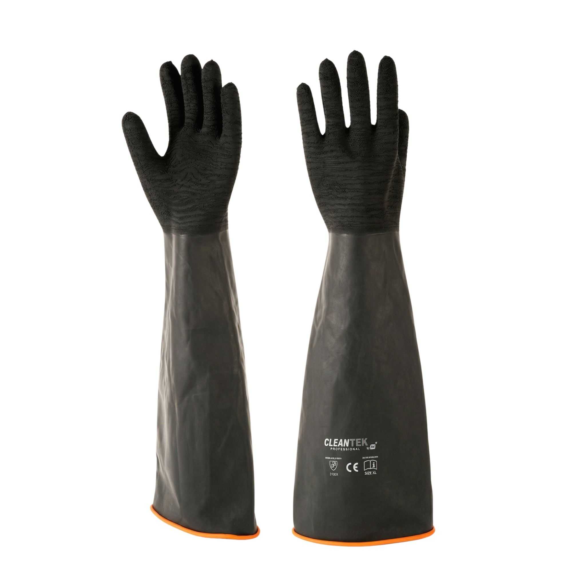 Clean Tek Professional 35 mil Black Latex Chemical-Resistant Gloves - Non-Slip, Unlined, Heavy Duty - 21 3/4" - Pair - 1 count box