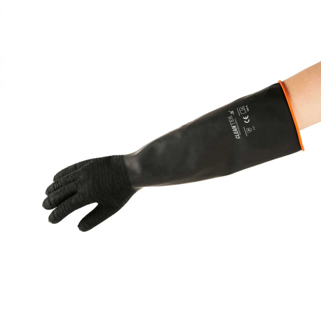 Clean Tek Professional 35 mil Black Latex Chemical-Resistant Gloves - Non-Slip, Unlined, Heavy Duty - 21 3/4" - Pair - 1 count box