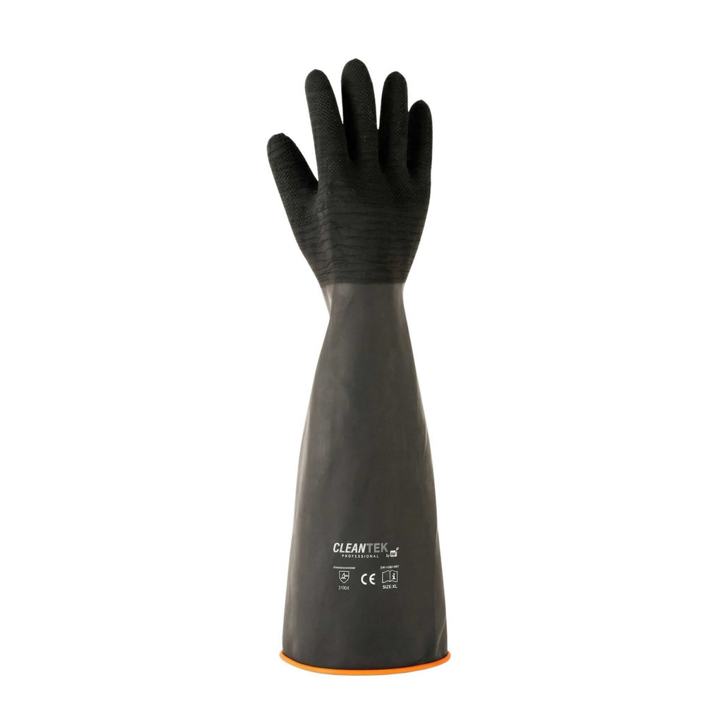 Clean Tek Professional 35 mil Black Latex Chemical-Resistant Gloves - Non-Slip, Unlined, Heavy Duty - 21 3/4" - Pair - 10 count box