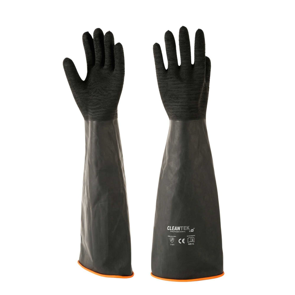 Clean Tek Professional 35 mil Black Latex Chemical-Resistant Gloves - Non-Slip, Unlined, Heavy Duty - 21 3/4" - Pair - 10 count box