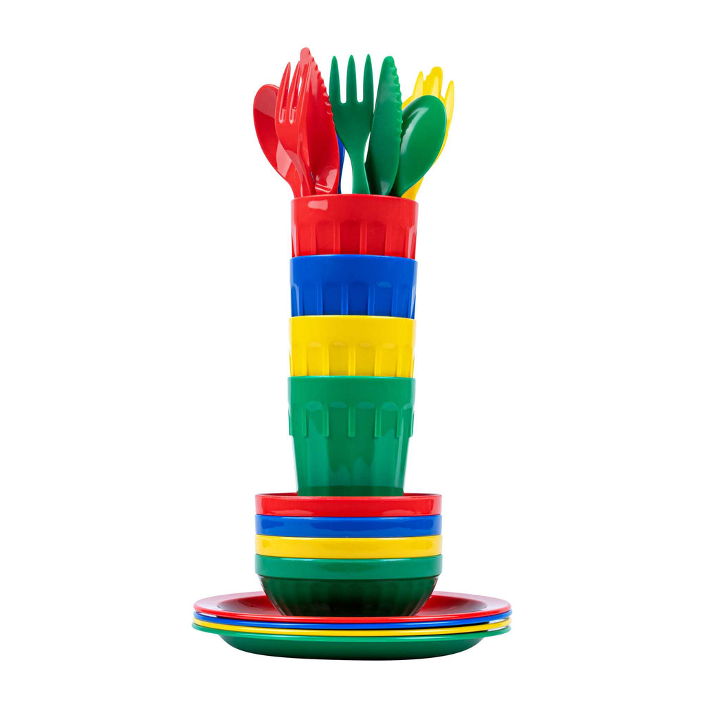RW Kids 24-Piece Assorted Plastic Kids Dinnerware Set with Plates - Microwave-Safe, Dishwasher-Safe, BPA-Free - 1 Count Box