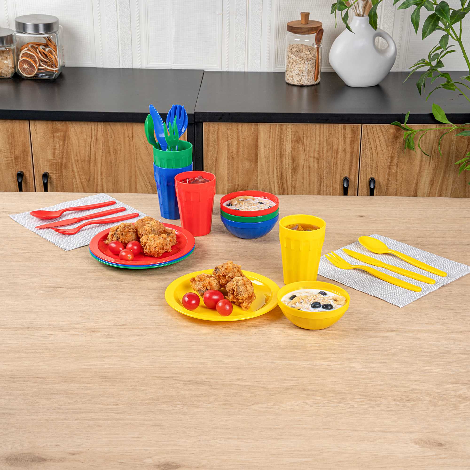 RW Kids 24-Piece Assorted Plastic Kids Dinnerware Set with Plates - Microwave-Safe, Dishwasher-Safe, BPA-Free - 1 Count Box