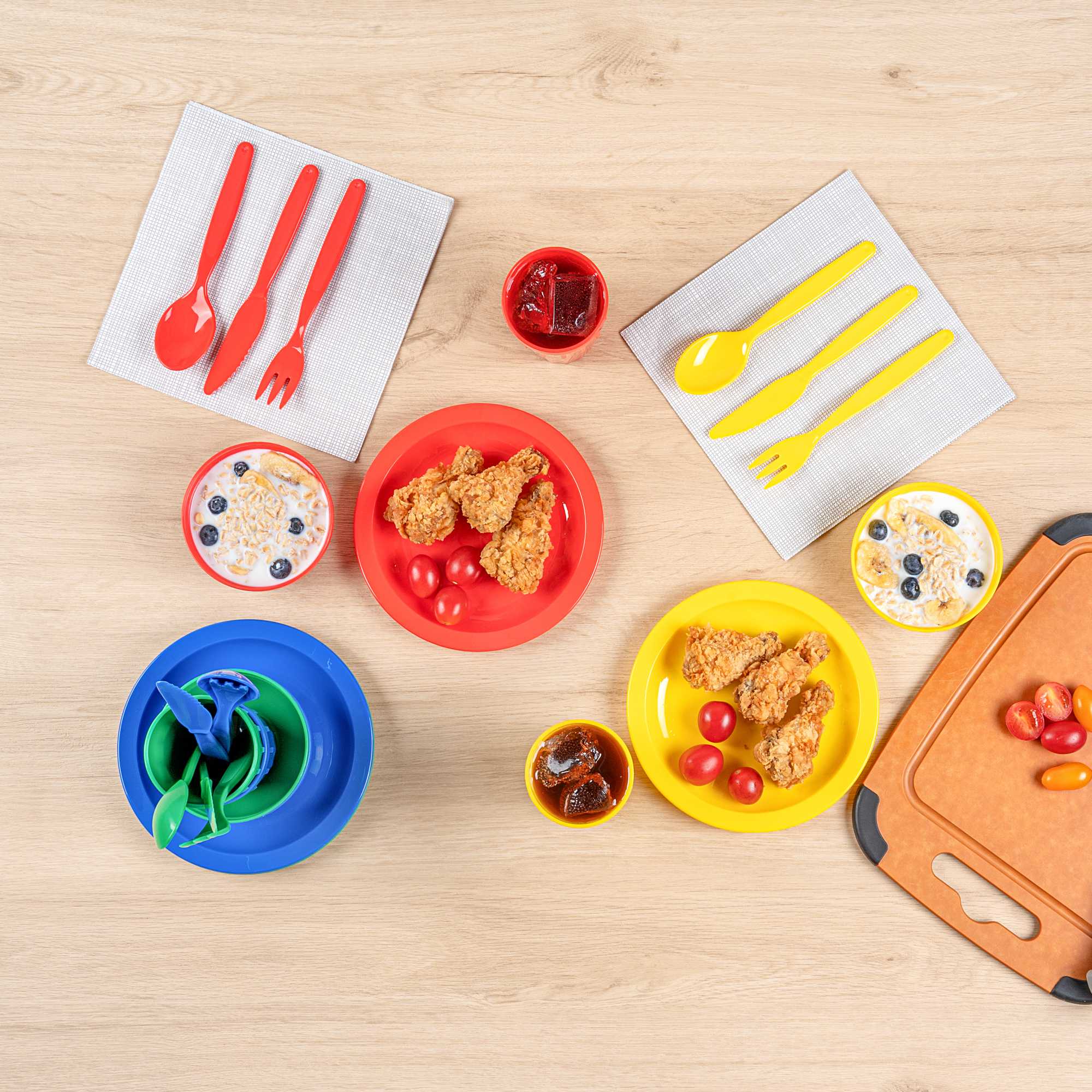RW Kids 24-Piece Assorted Plastic Kids Dinnerware Set with Plates - Microwave-Safe, Dishwasher-Safe, BPA-Free - 1 Count Box