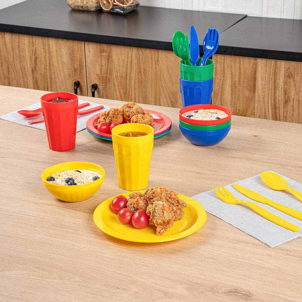 RW Kids 24-Piece Assorted Plastic Kids Dinnerware Set with Plates - Microwave-Safe, Dishwasher-Safe, BPA-Free - 1 Count Box