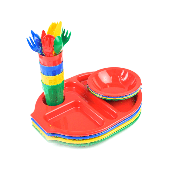 RW Kids 24-Piece Assorted Plastic Kids Dinnerware Set with Trays - Microwave-Safe, Dishwasher-Safe, BPA-Free - 1 count box