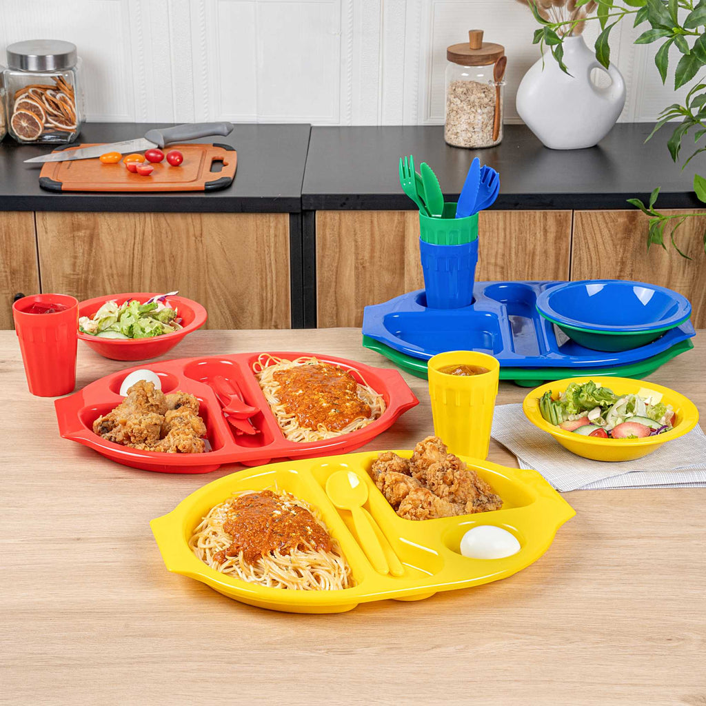 RW Kids 24-Piece Assorted Plastic Kids Dinnerware Set with Trays - Microwave-Safe, Dishwasher-Safe, BPA-Free - 1 count box