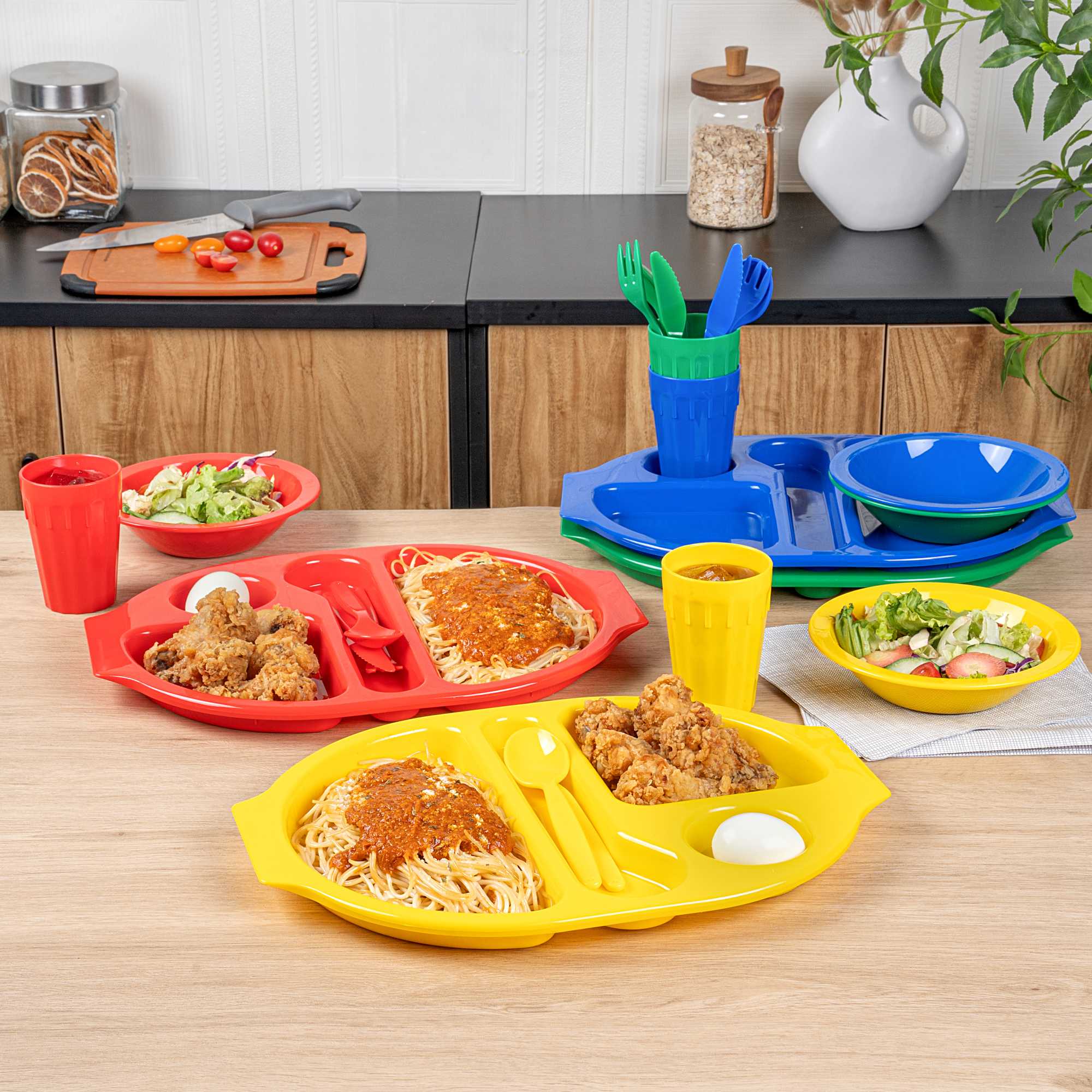 RW Kids 24-Piece Assorted Plastic Kids Dinnerware Set with Trays - Microwave-Safe, Dishwasher-Safe, BPA-Free - 1 count box