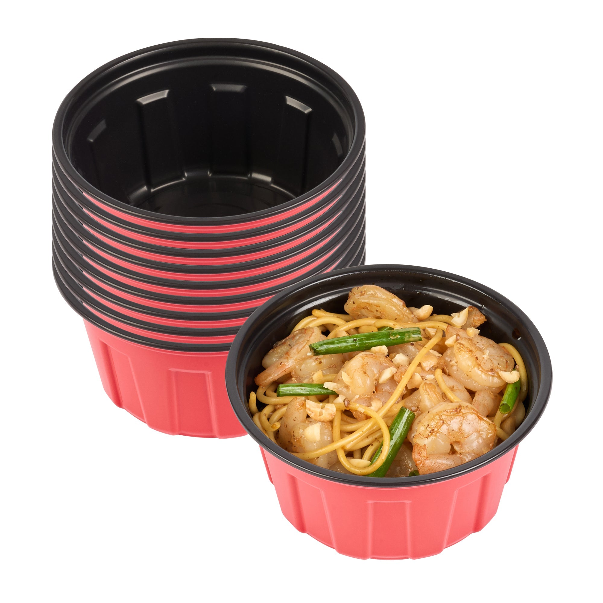 Bento Tek 12 oz Round Red Plastic To Go Box - Microwave-Safe - 4 3/4" x 4 3/4" x 2 1/4" - 50 count box