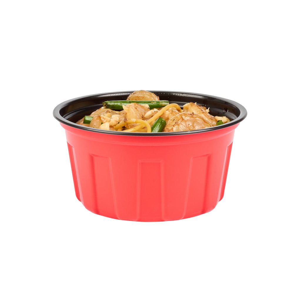 Bento Tek 12 oz Round Red Plastic To Go Box - Microwave-Safe - 4 3/4" x 4 3/4" x 2 1/4" - 200 count box