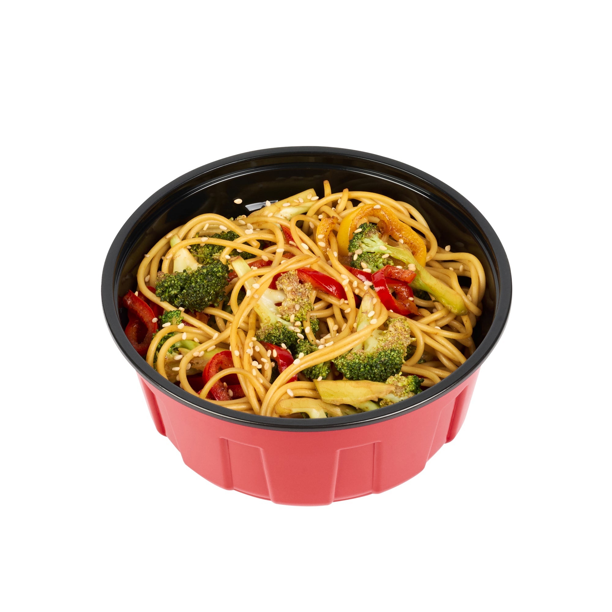Bento Tek 23 oz Round Red Plastic To Go Box - Microwave-Safe - 6" x 6" x 2 1/2" - 50 count box