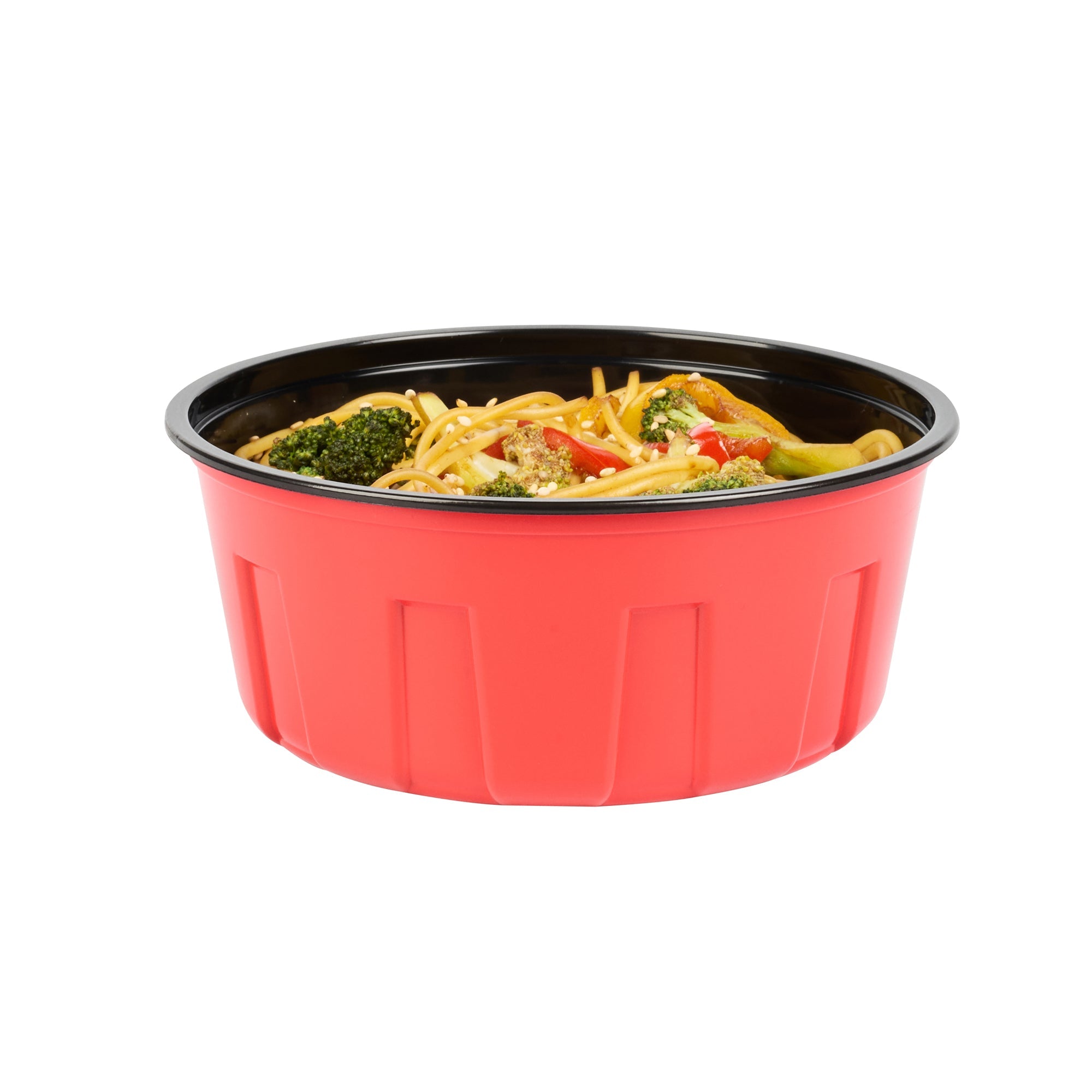 Bento Tek 23 oz Round Red Plastic To Go Box - Microwave-Safe - 6" x 6" x 2 1/2" - 50 count box