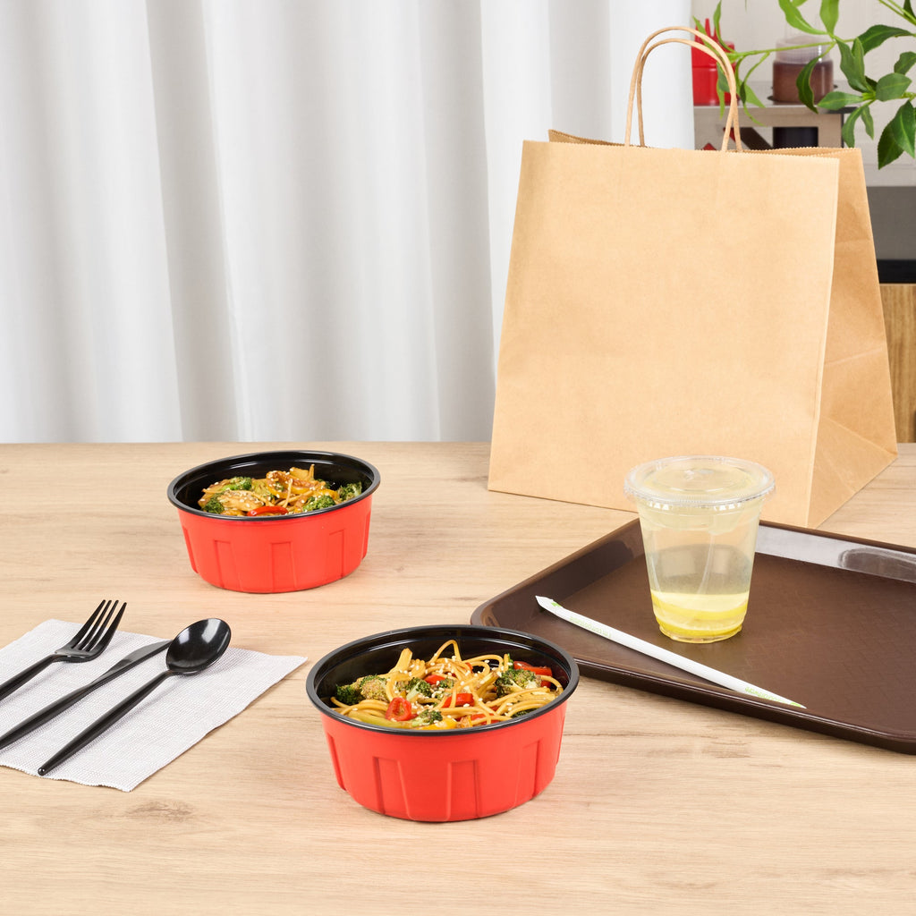 Bento Tek 23 oz Round Red Plastic To Go Box - Microwave-Safe - 6" x 6" x 2 1/2" - 200 count box