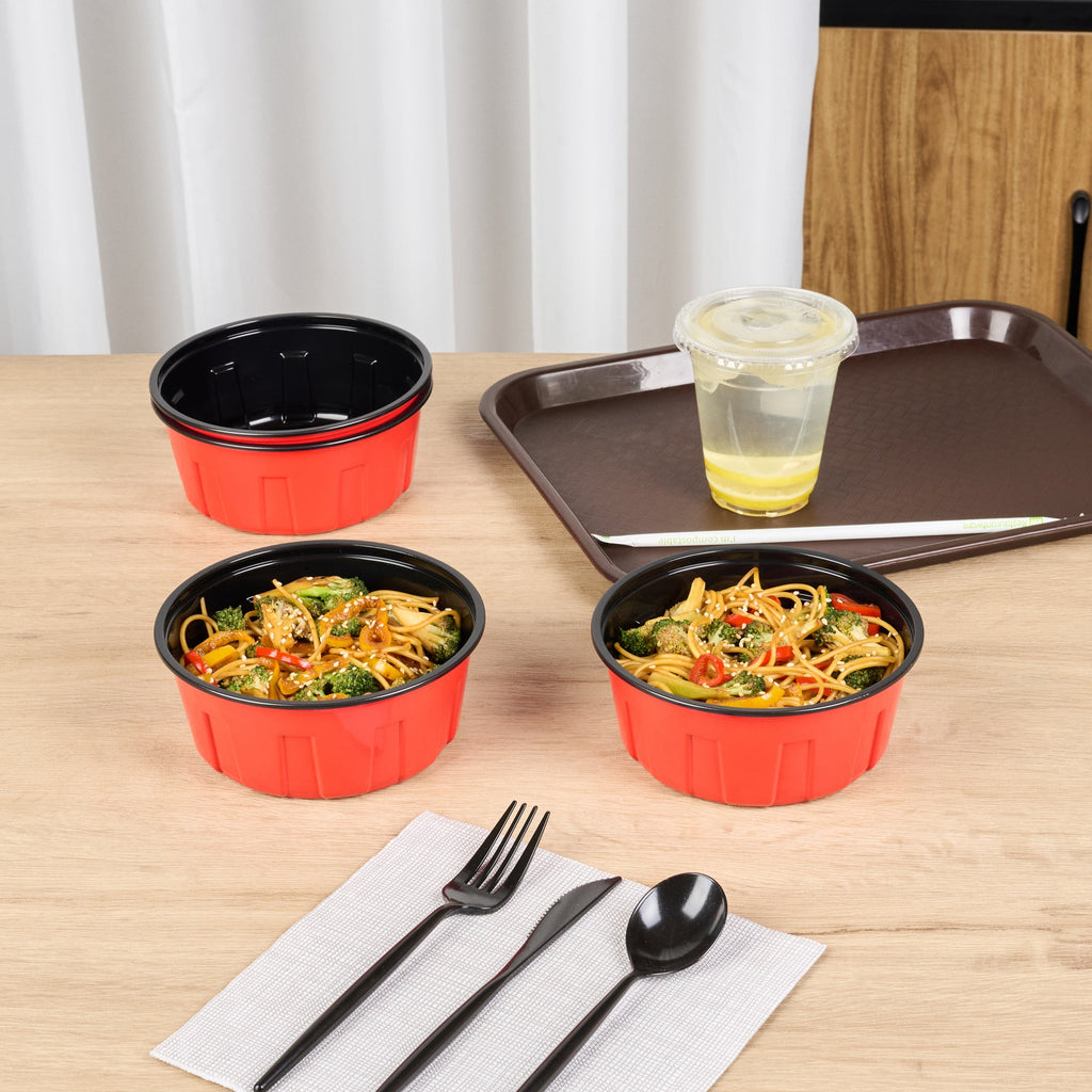 Bento Tek 23 oz Round Red Plastic To Go Box - Microwave-Safe - 6" x 6" x 2 1/2" - 200 count box