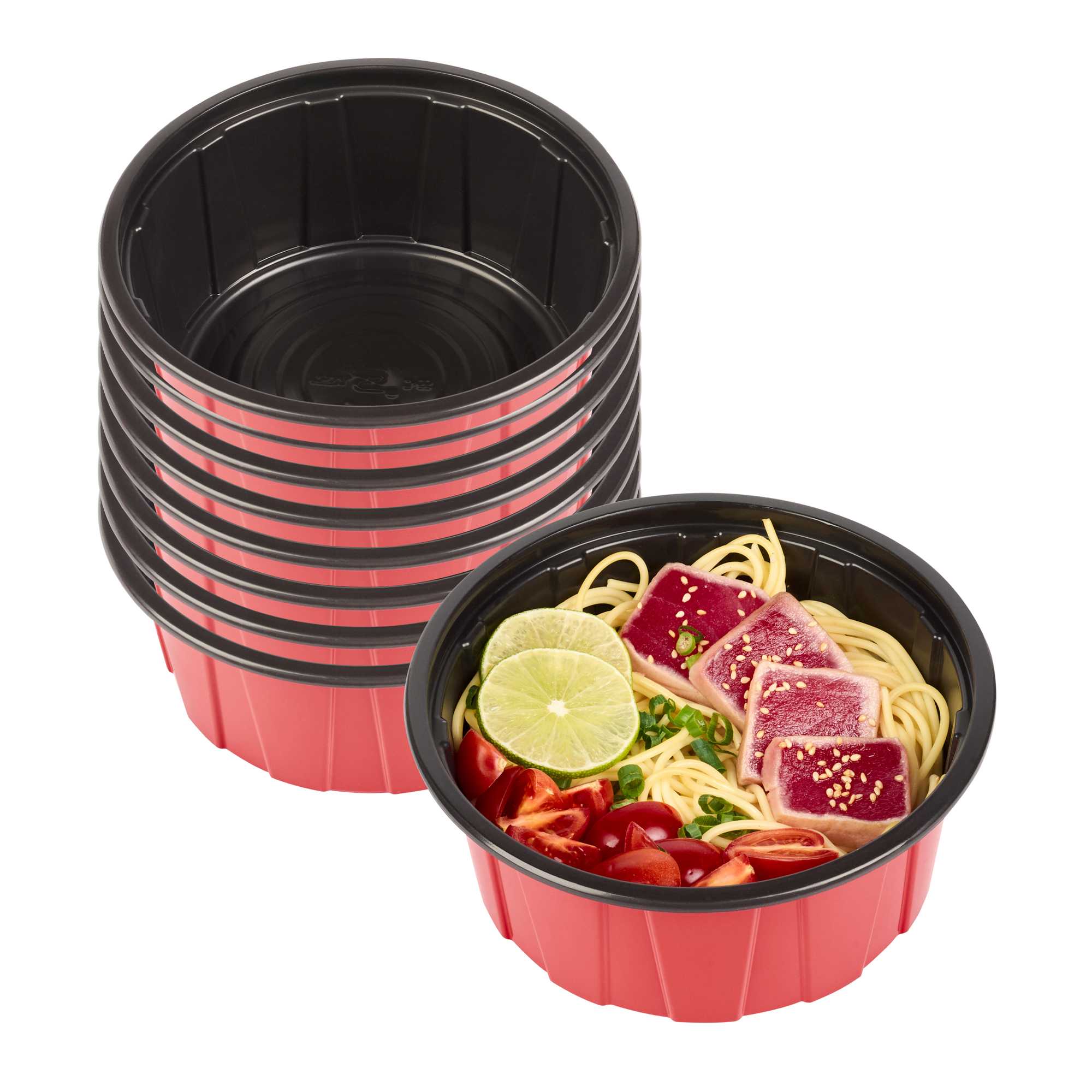Bento Tek 42 oz Round Red Plastic To Go Box - Microwave-Safe - 7" x 7" x 3 1/4" - 200 count box