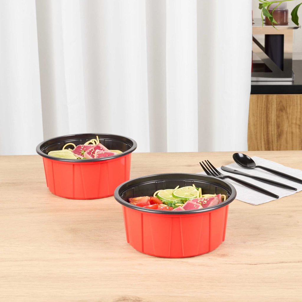 Bento Tek 42 oz Round Red Plastic To Go Box - Microwave-Safe - 7" x 7" x 3 1/4" - 50 count box