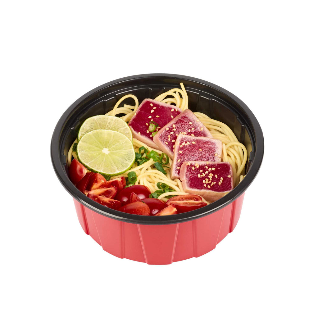 Bento Tek 42 oz Round Red Plastic To Go Box - Microwave-Safe - 7" x 7" x 3 1/4" - 50 count box
