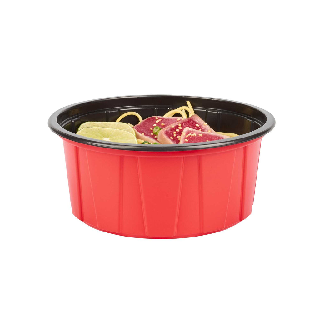 Bento Tek 42 oz Round Red Plastic To Go Box - Microwave-Safe - 7" x 7" x 3 1/4" - 50 count box