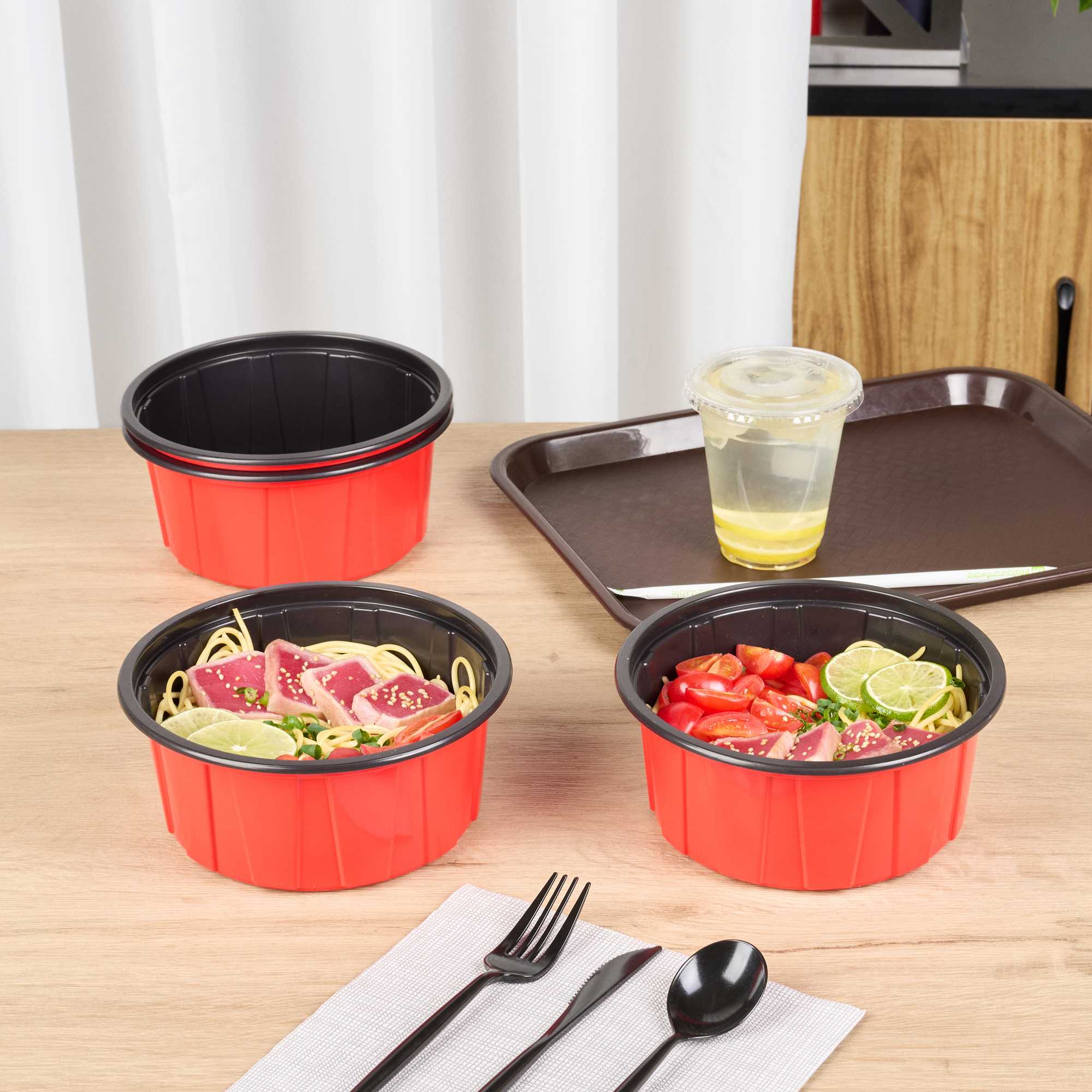 Bento Tek 42 oz Round Red Plastic To Go Box - Microwave-Safe - 7" x 7" x 3 1/4" - 50 count box