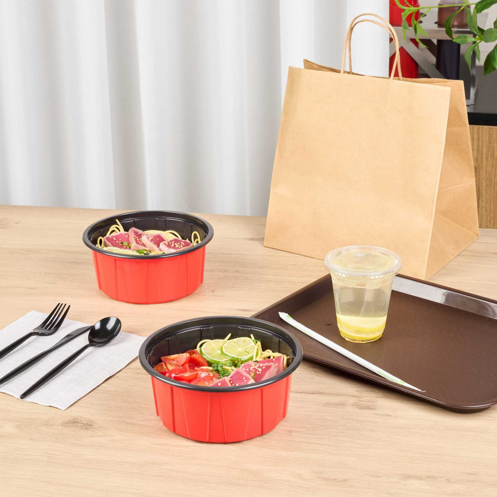 Bento Tek 42 oz Round Red Plastic To Go Box - Microwave-Safe - 7" x 7" x 3 1/4" - 200 count box