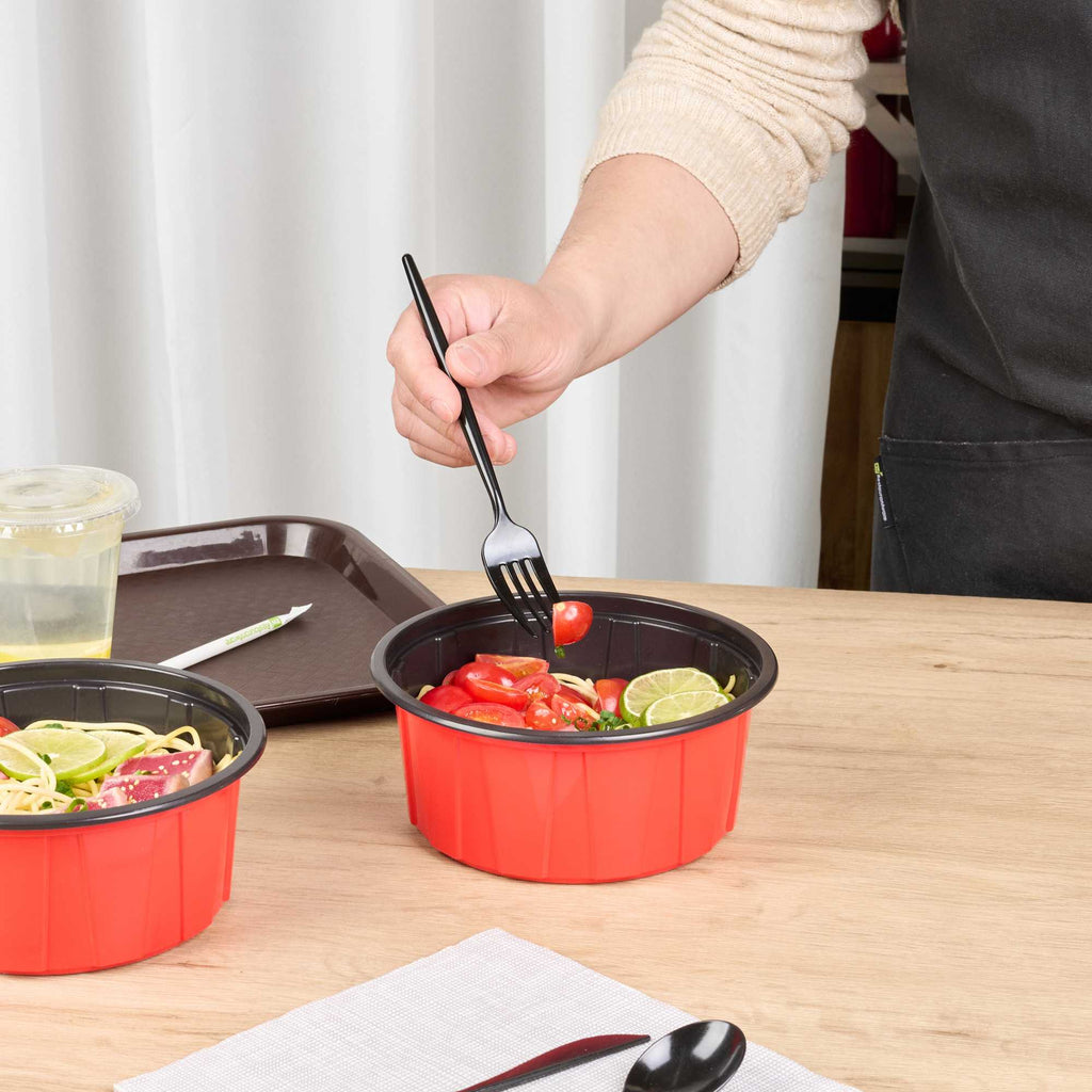 Bento Tek 42 oz Round Red Plastic To Go Box - Microwave-Safe - 7" x 7" x 3 1/4" - 200 count box