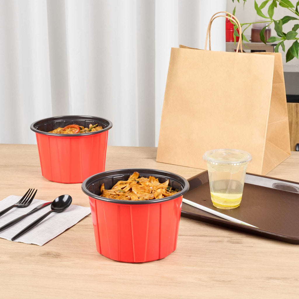 Bento Tek 58 oz Round Red Plastic To Go Box - Microwave-Safe - 7" x 7" x 4 1/2" - 50 count box