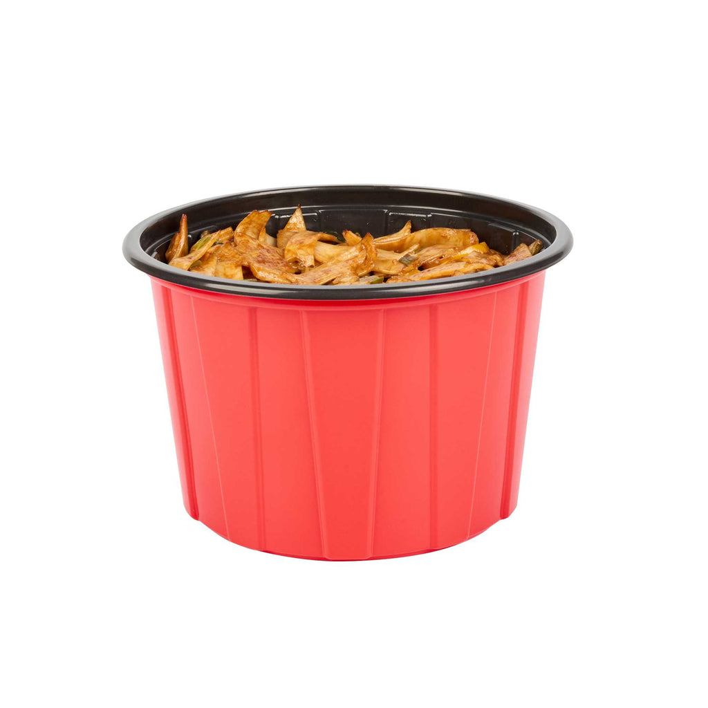 Bento Tek 58 oz Round Red Plastic To Go Box - Microwave-Safe - 7" x 7" x 4 1/2" - 200 count box