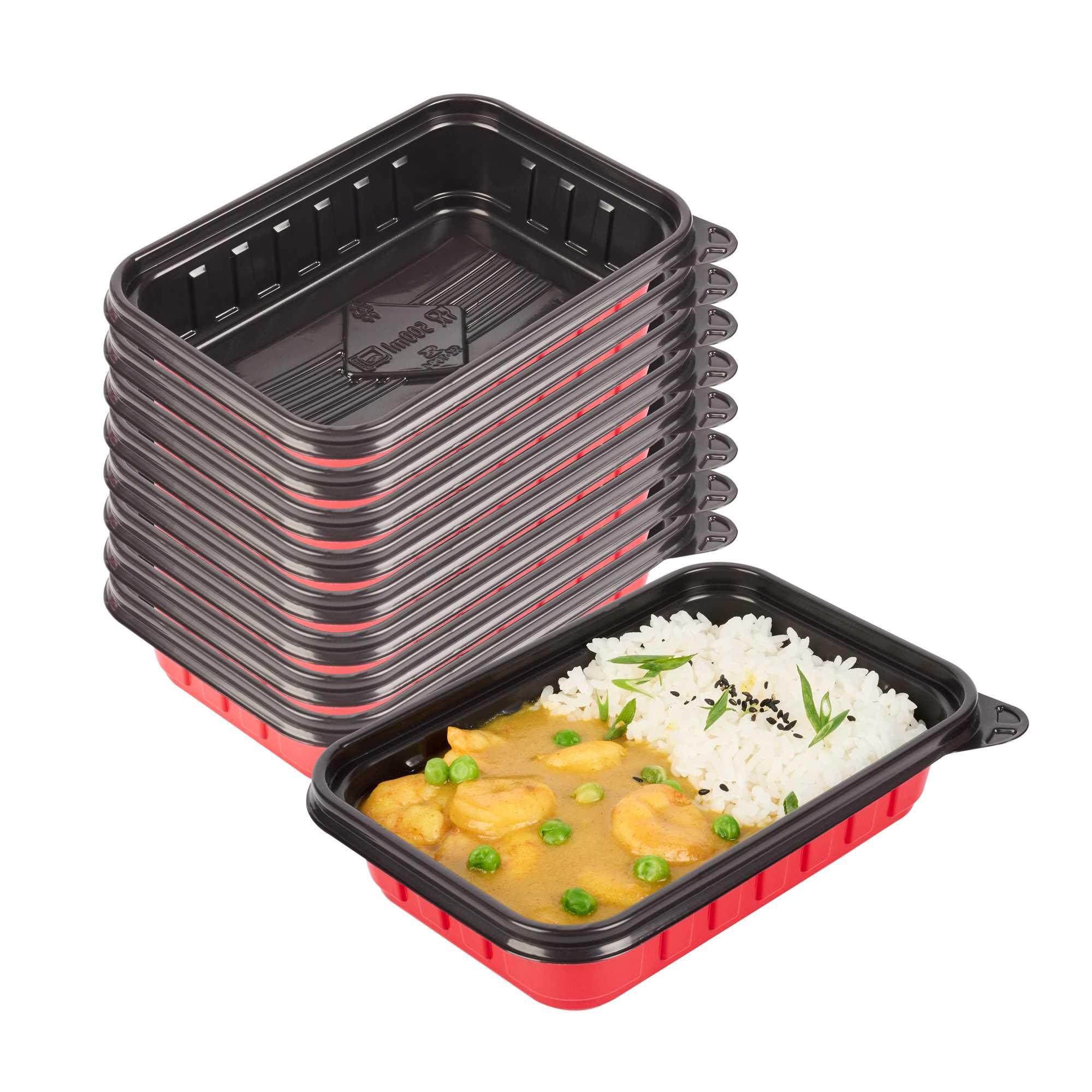Bento Tek 16 oz Rectangle Red Plastic To Go Box - Microwave-Safe - 7 1/4" x 4 3/4" x 1 1/2" - 200 count box