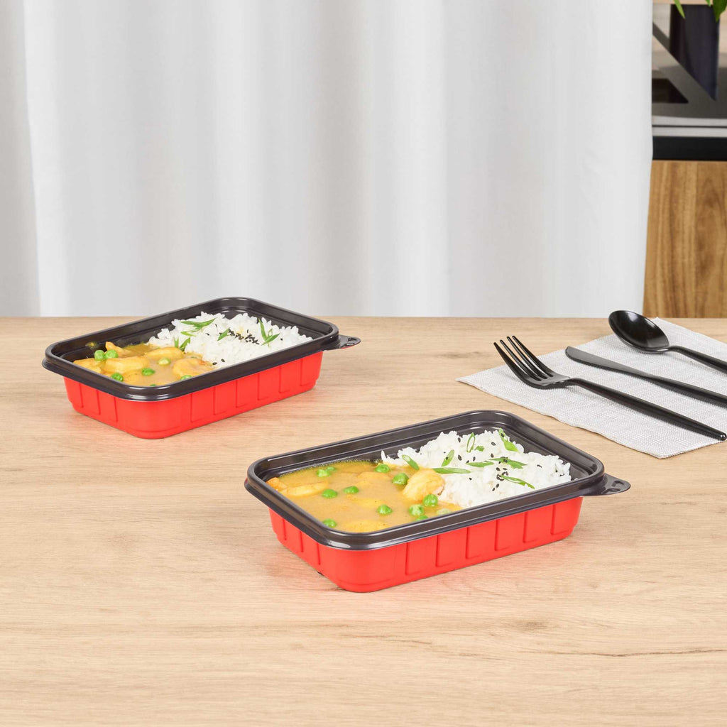 Bento Tek 16 oz Rectangle Red Plastic To Go Box - Microwave-Safe - 7 1/4" x 4 3/4" x 1 1/2" - 200 count box