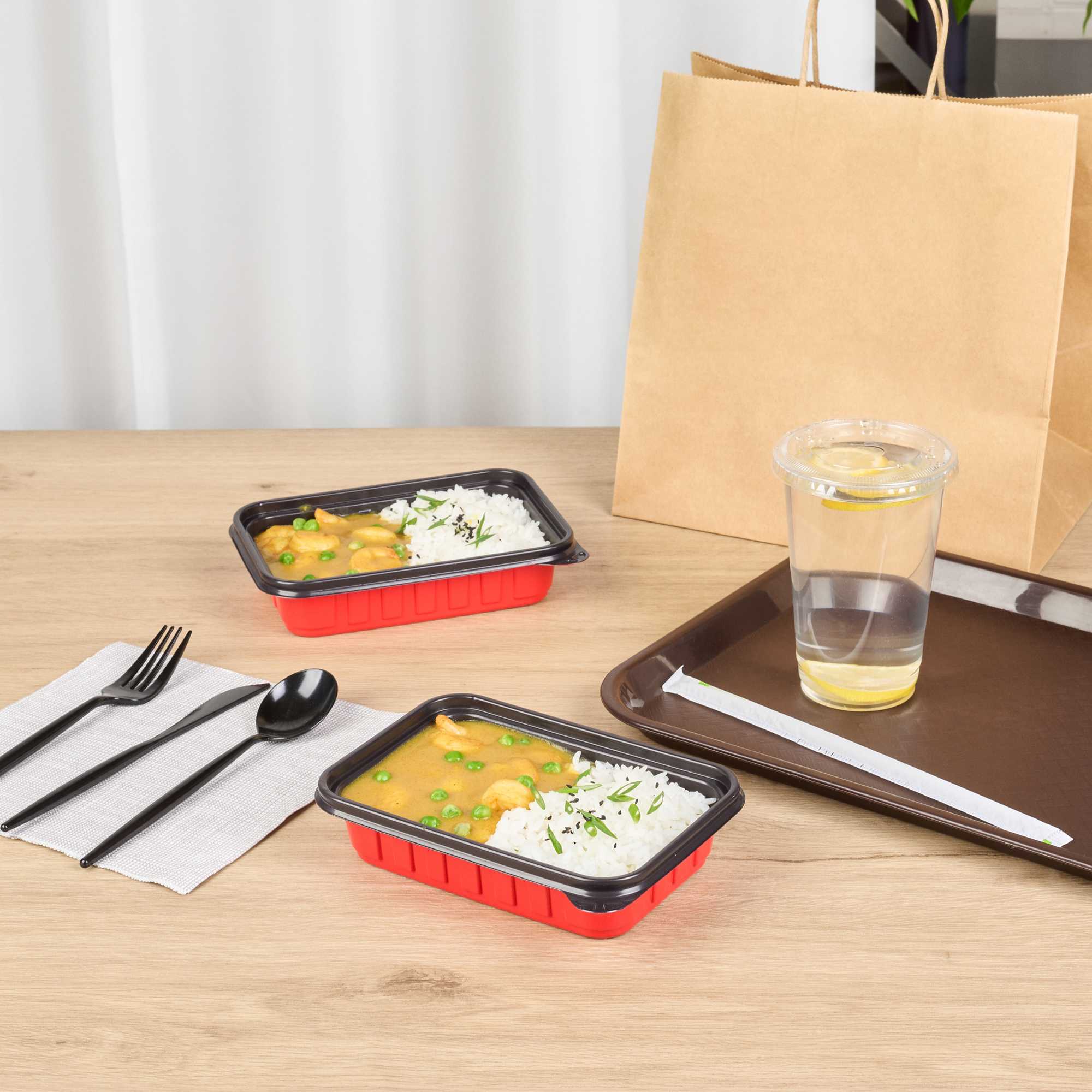 Bento Tek 16 oz Rectangle Red Plastic To Go Box - Microwave-Safe - 7 1/4" x 4 3/4" x 1 1/2" - 200 count box