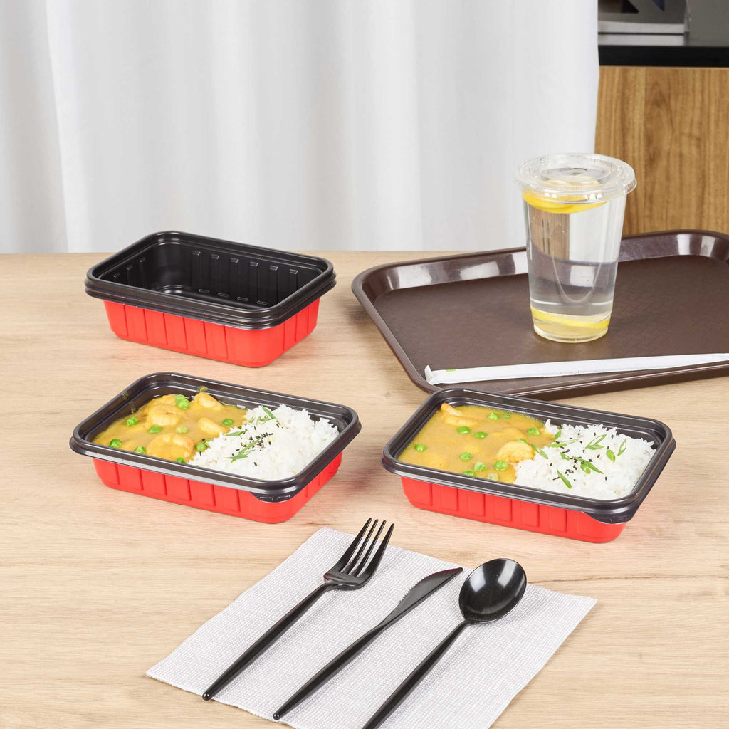 Bento Tek 16 oz Rectangle Red Plastic To Go Box - Microwave-Safe - 7 1/4" x 4 3/4" x 1 1/2" - 200 count box