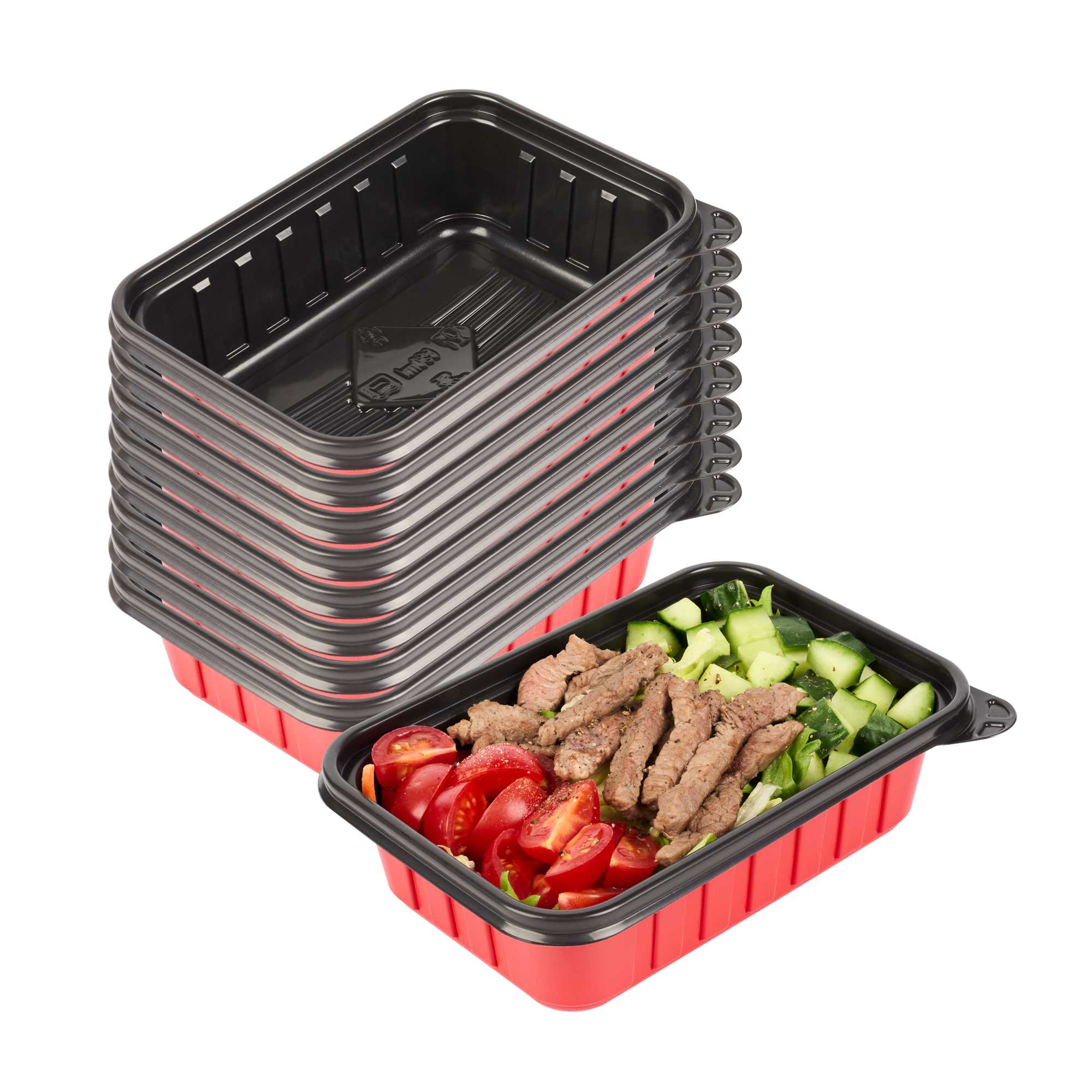 Bento Tek 22 oz Rectangle Red Plastic To Go Box - Microwave-Safe - 7 1/4" x 4 3/4" x 2" - 50 count box