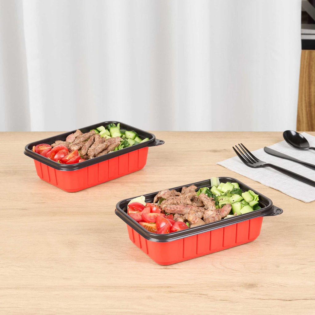 Bento Tek 22 oz Rectangle Red Plastic To Go Box - Microwave-Safe - 7 1/4" x 4 3/4" x 2" - 50 count box
