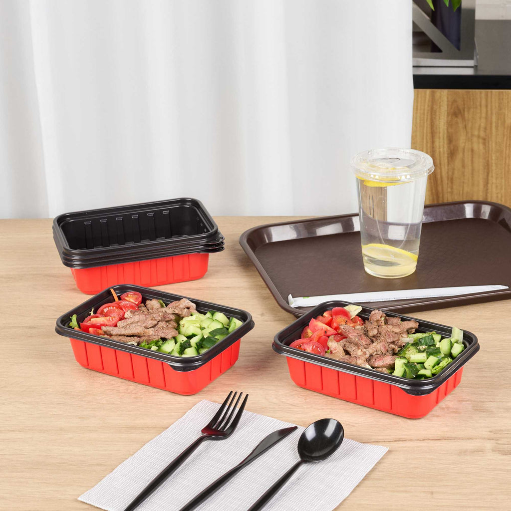 Bento Tek 22 oz Rectangle Red Plastic To Go Box - Microwave-Safe - 7 1/4" x 4 3/4" x 2" - 50 count box