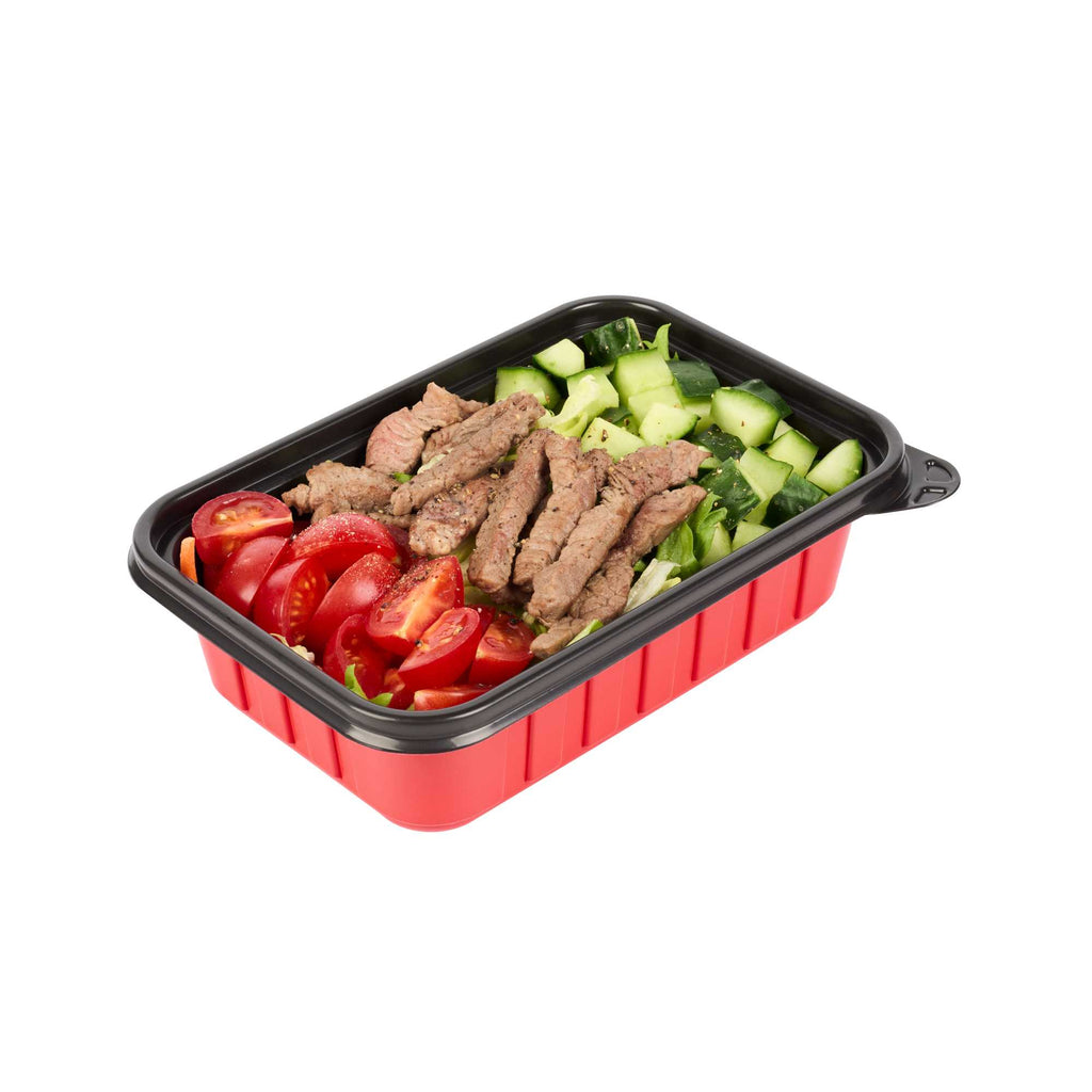 Bento Tek 22 oz Rectangle Red Plastic To Go Box - Microwave-Safe - 7 1/4" x 4 3/4" x 2" - 200 count box