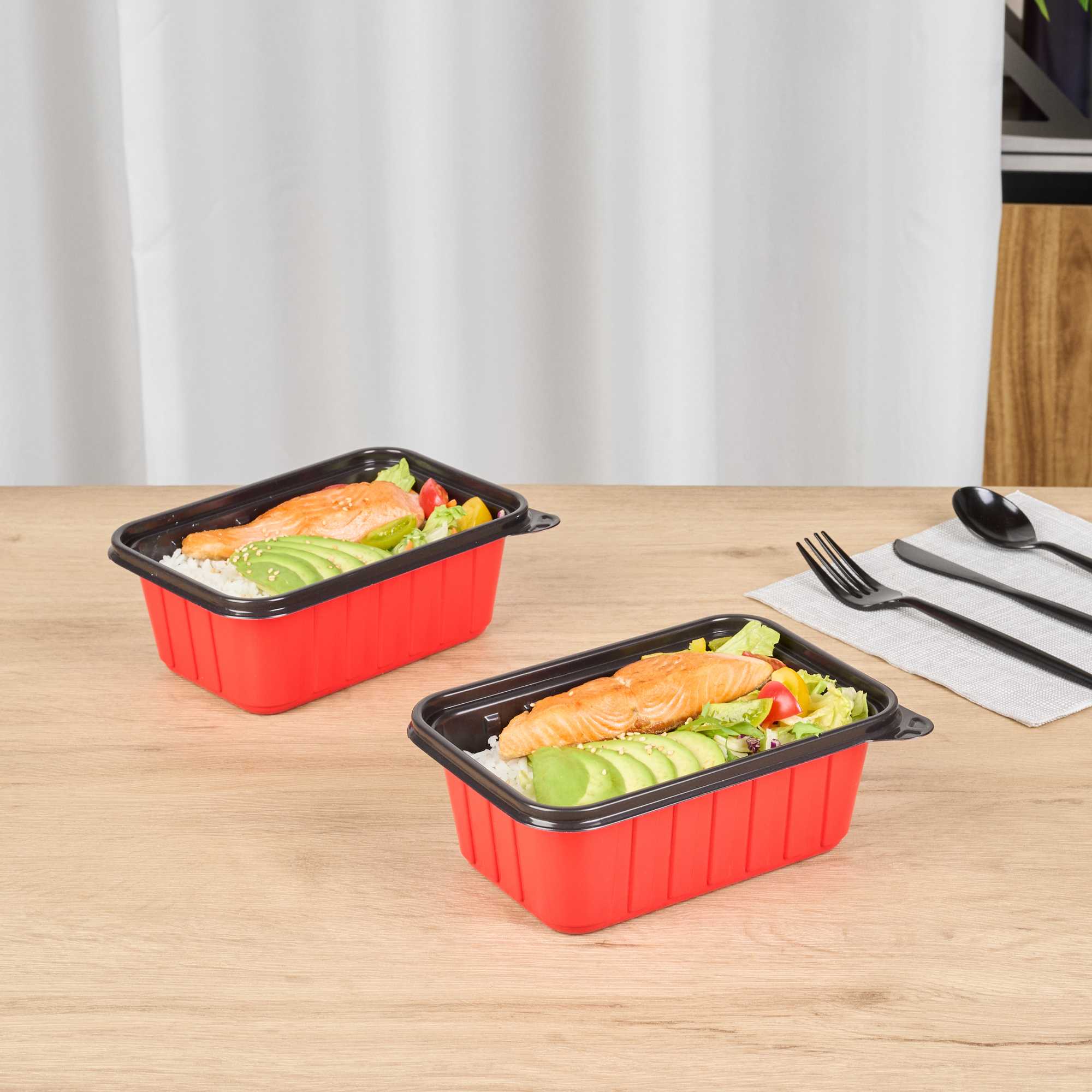Bento Tek 30 oz Rectangle Red Plastic To Go Box - Microwave-Safe - 7 1/4" x 4 3/4" x 2 3/4" - 200 count box