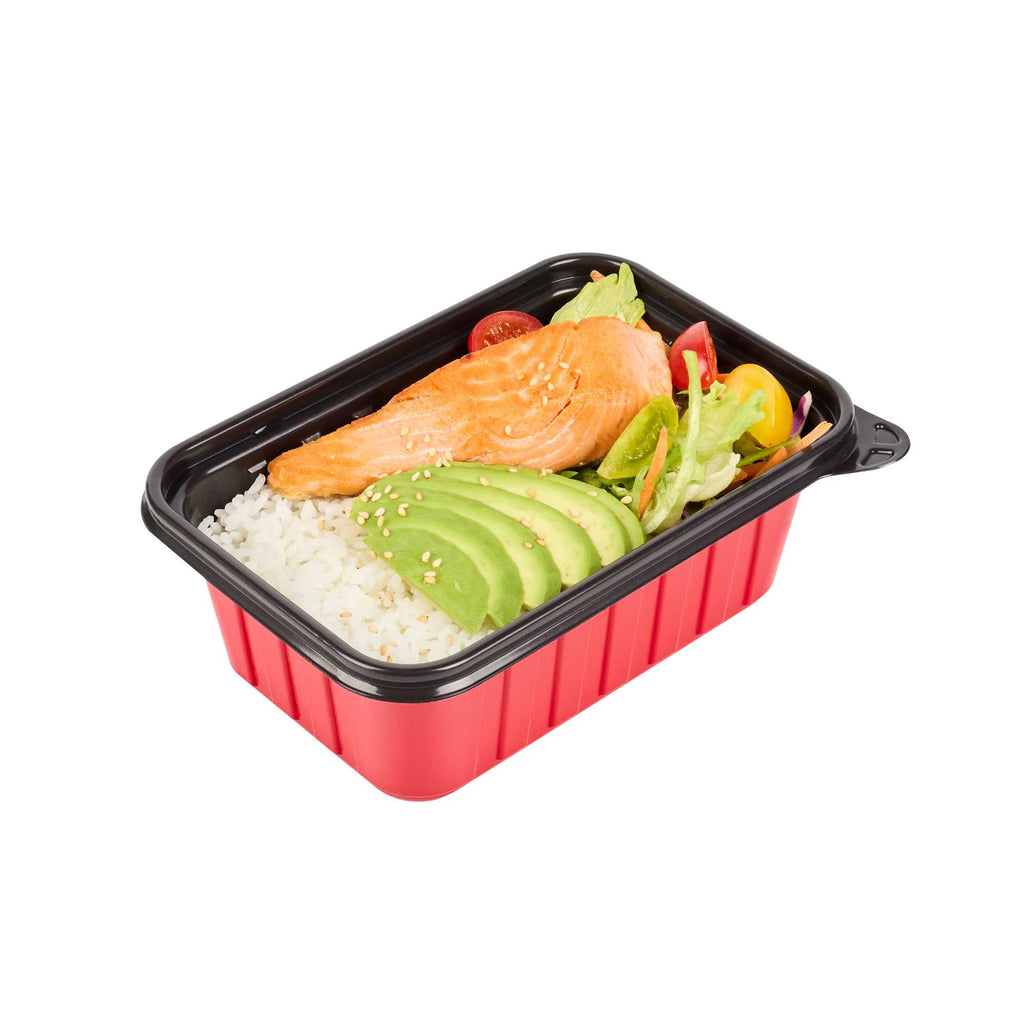 Bento Tek 30 oz Rectangle Red Plastic To Go Box - Microwave-Safe - 7 1/4" x 4 3/4" x 2 3/4" - 50 count box