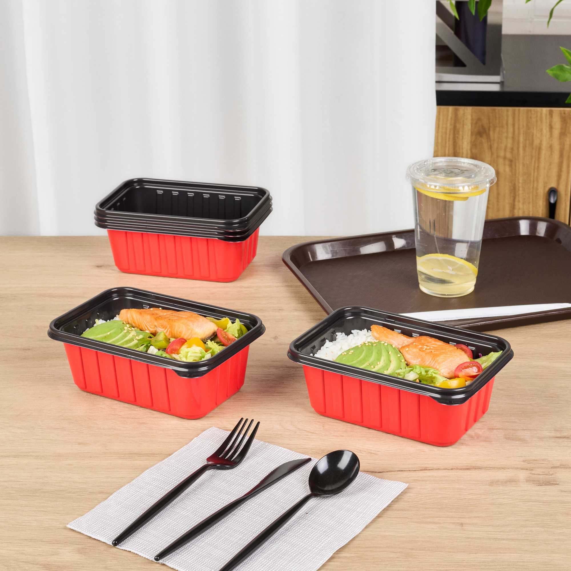 Bento Tek 30 oz Rectangle Red Plastic To Go Box - Microwave-Safe - 7 1/4" x 4 3/4" x 2 3/4" - 200 count box