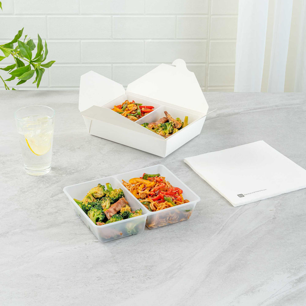 Bio Tek 43 oz White Plastic 2-Compartment Insert Tray - Fits 49 / 71 / 98 Bio Box Take Out Container, Microwave-Safe - 50 count box