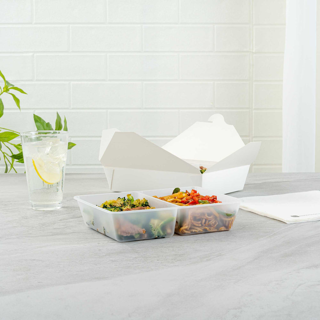 Bio Tek 43 oz White Plastic 2-Compartment Insert Tray - Fits 49 / 71 / 98 Bio Box Take Out Container, Microwave-Safe - 50 count box