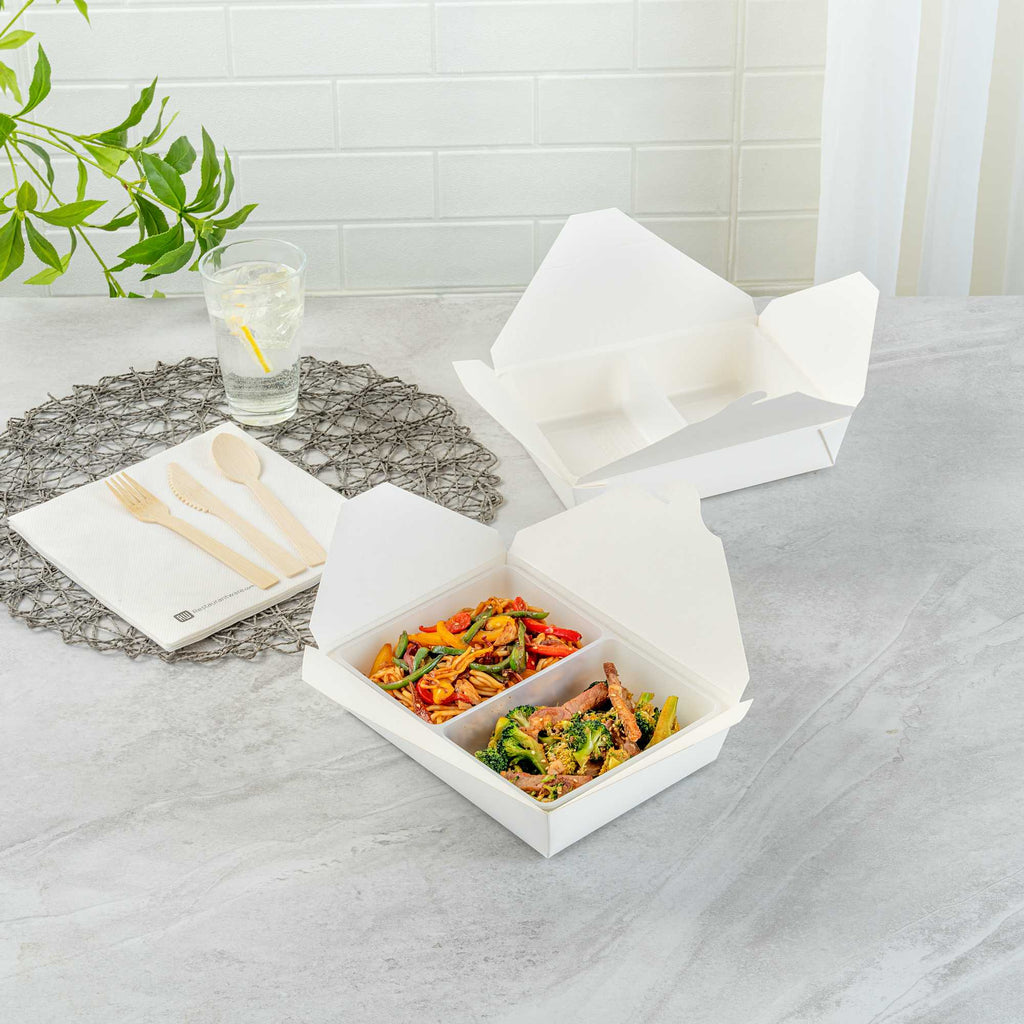 Bio Tek 43 oz White Plastic 2-Compartment Insert Tray - Fits 49 / 71 / 98 Bio Box Take Out Container, Microwave-Safe - 50 count box