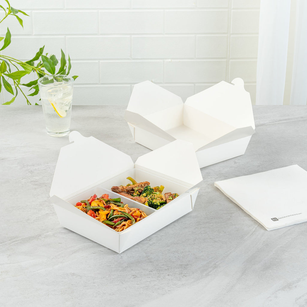 Bio Tek 43 oz White Plastic 2-Compartment Insert Tray - Fits 49 / 71 / 98 Bio Box Take Out Container, Microwave-Safe - 200 count box