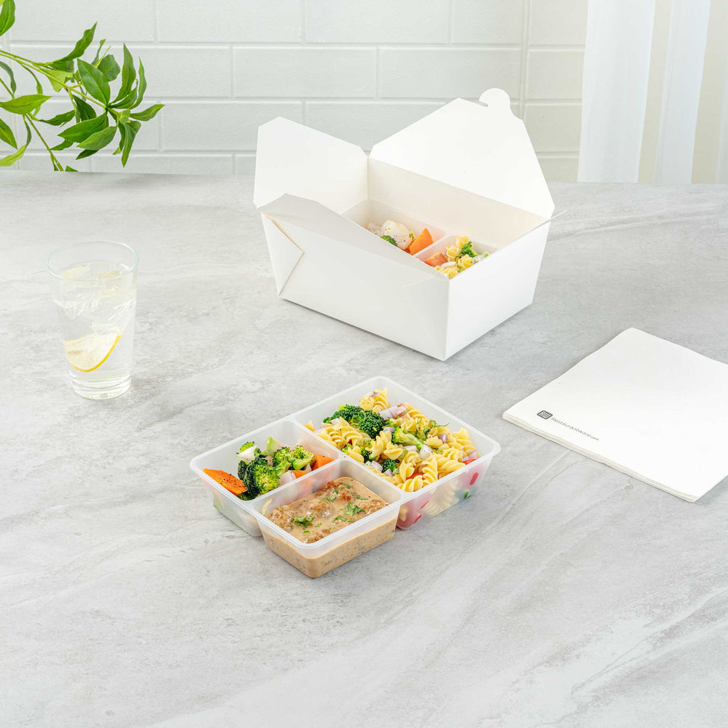 Bio Tek 40 oz White Plastic 3-Compartment Insert Tray - Fits 49 / 71 / 98 Bio Box Take Out Container, Microwave-Safe - 50 count box