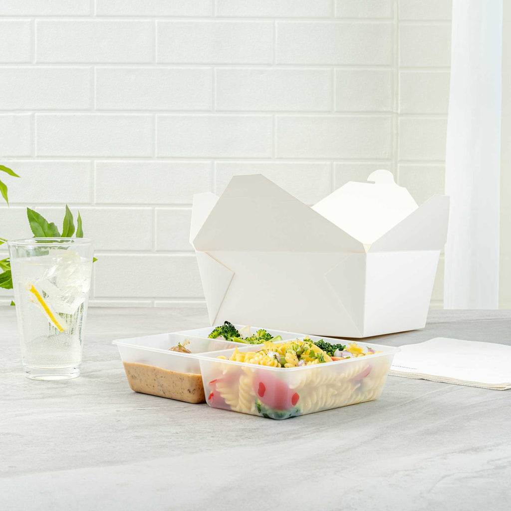 Bio Tek 40 oz White Plastic 3-Compartment Insert Tray - Fits 49 / 71 / 98 Bio Box Take Out Container, Microwave-Safe - 50 count box