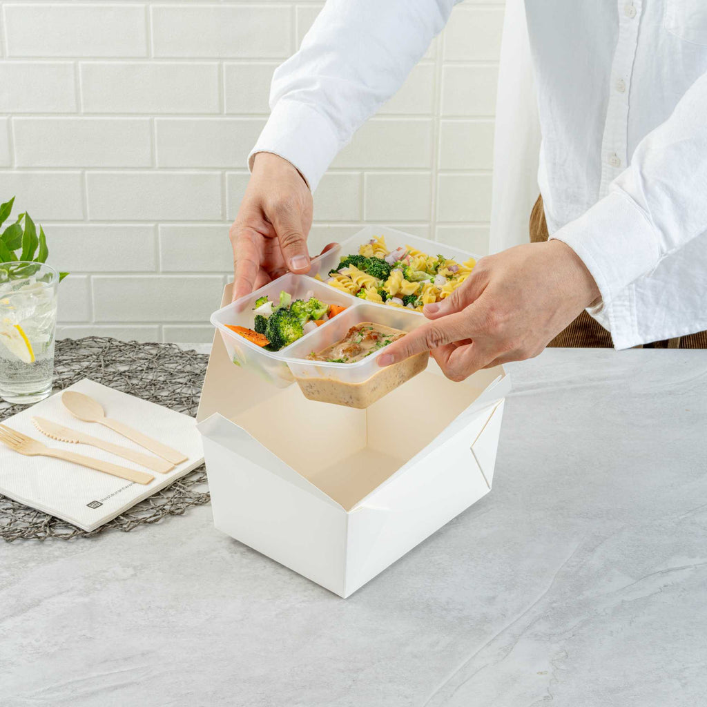 Bio Tek 40 oz White Plastic 3-Compartment Insert Tray - Fits 49 / 71 / 98 Bio Box Take Out Container, Microwave-Safe - 50 count box