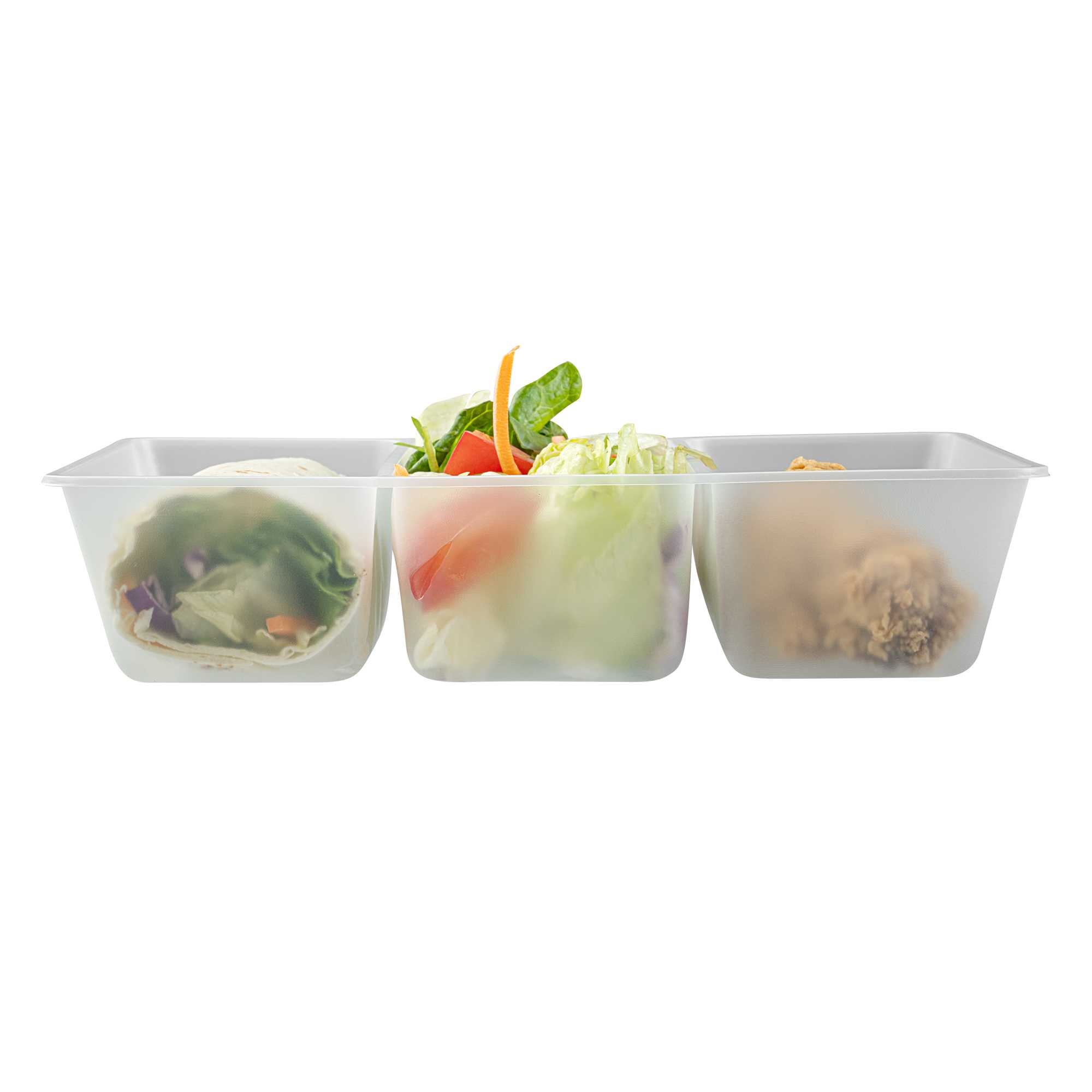 Bio Tek 40 oz White Plastic 3-Compartment Taco Insert Tray - Fits 49 / 71 / 98 Bio Box Take Out Container, Microwave-Safe - 50 count box
