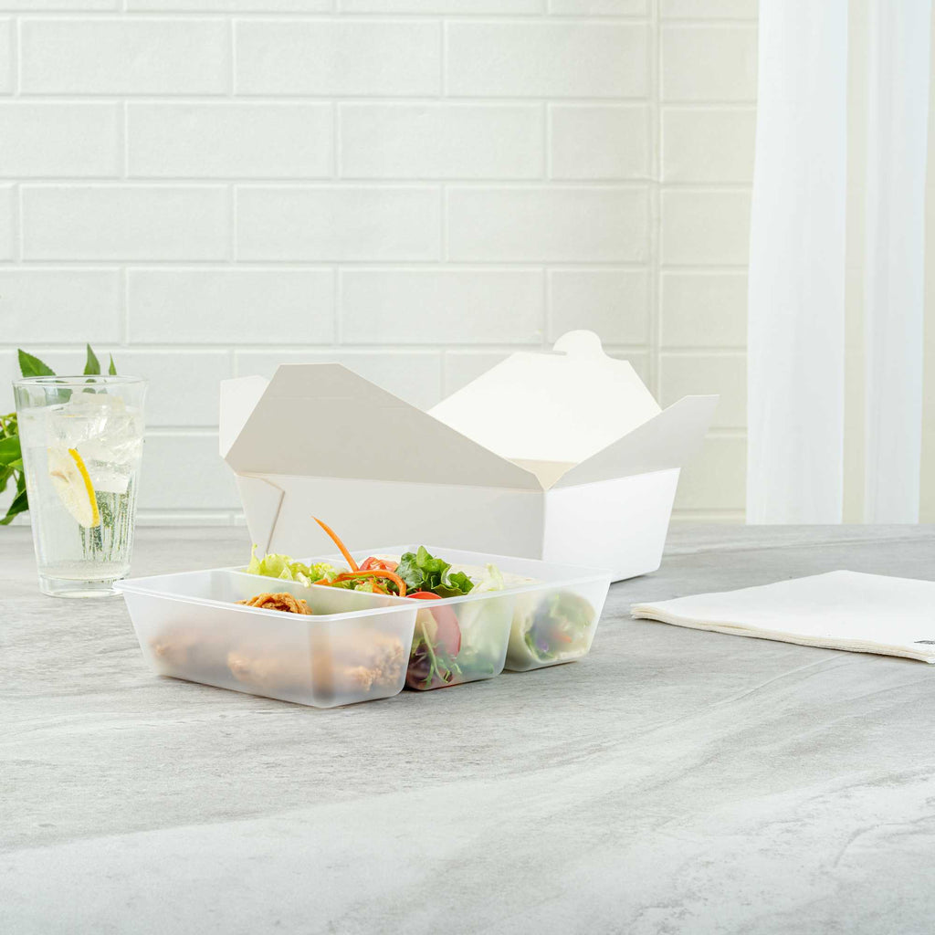 Bio Tek 40 oz White Plastic 3-Compartment Taco Insert Tray - Fits 49 / 71 / 98 Bio Box Take Out Container, Microwave-Safe - 50 count box