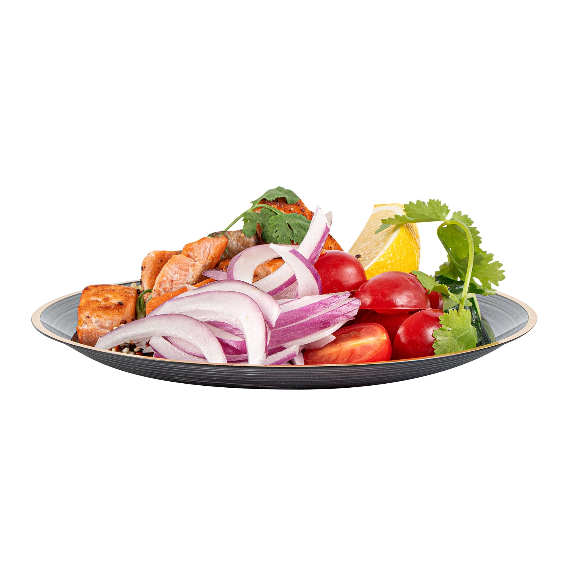 Moderna Round Black Translucent Plastic Gold-Rimmed Plate - Rippled - 7 1/4" x 7 1/4" - 100 count box