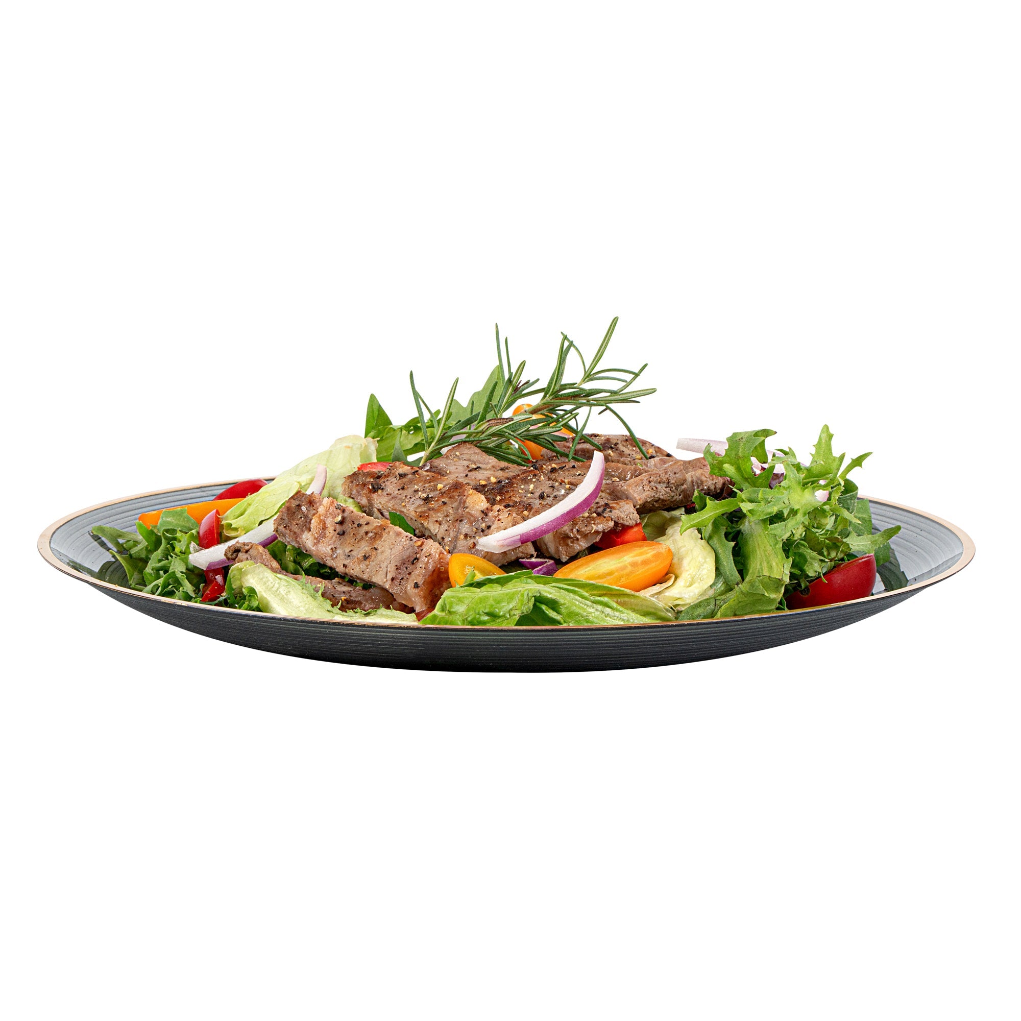 Moderna Round Black Translucent Plastic Gold-Rimmed Plate - Rippled - 10" x 10" - 100 count box