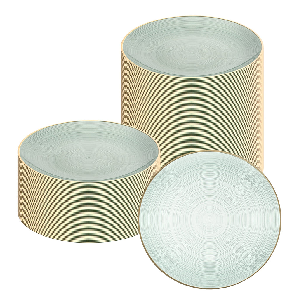 Moderna Round Green Translucent Plastic Gold-Rimmed Plate - Rippled - 10" x 10" - 100 count box